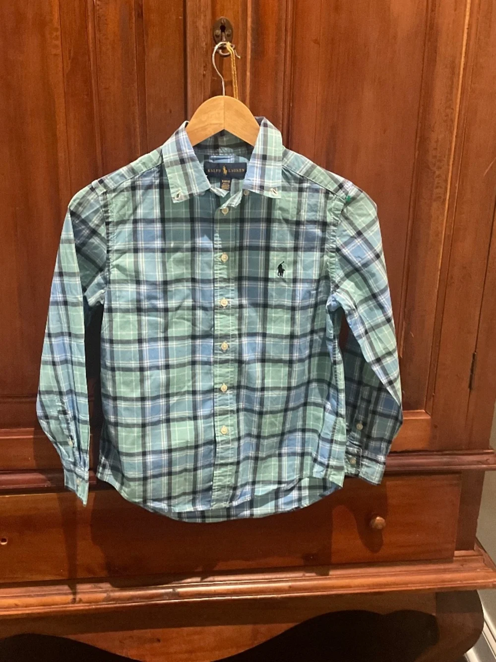 Ralph Lauren Boys Long Sleeve Plaid Shirt, Color Green/Blue , Size M (10-12)